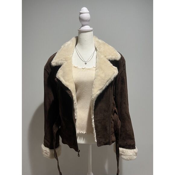 90s Adventure Bound Leather Shearling Sherpa Deep Pile Fur Bomber Jacket Women M - Picture 4 of 9